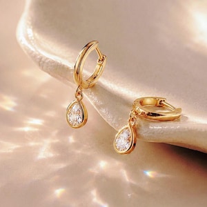 Pear Moissanite Drop Earrings, 14K Gold Hoop Earrings, Bezel Set Teardrop Earrings, Minimalist Gold Dangle Earrings
