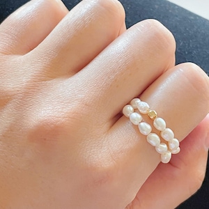 Dainty Real Pearl Ring, Genuine Pearl Beaded Stretch Ring, Tiny Freshwater Pearl Stackable Ring,  Minimalist Seed Pearl Ring for Her
