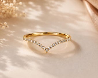Moissanite Curved Band Ring, 14K Gold V Shaped Chevron Ring, Dainty Stacking Band, Matching Band for Solitaire Diamond Ring