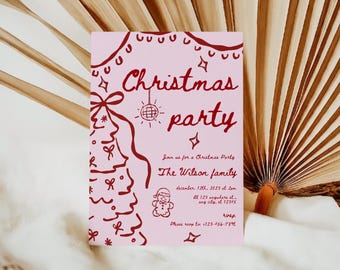 May include: A pink Christmas party invitation with red text and illustrations. The invitation includes the words "Christmas party", details for the Wilson family, and a RSVP phone number. The invitation is set against a neutral background.