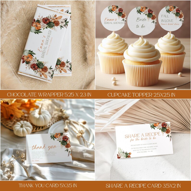 May include: A collection of bridal shower stationery and decorations. Includes a chocolate wrapper, cupcake toppers, thank you card, and recipe card. The items feature floral and pumpkin designs with the text "Emma's Bridal Shower", "Bride to be", "Fall in Love", and "Thank You".