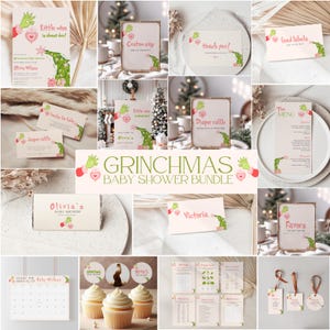 Puede incluir: Un conjunto de papelería con temática de Grinchmas para baby shower. El paquete incluye invitaciones, letreros, etiquetas de comida, tarjetas de agradecimiento y más. Los diseños presentan ilustraciones temáticas de Grinch en verde, rojo y rosa, con texto.