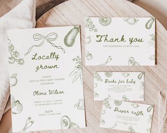 Locally Grown Baby Shower Invitation Bundle - Farmers Market Theme - Editable Canva Template- Printable Gender Neutral Invite Set