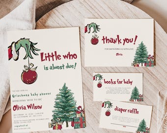 Paquete para baby shower de "El pequeño que está a punto de nacer", invitación para baby shower del Grinch, invitación para baby shower de Navidad, baby shower navideño
