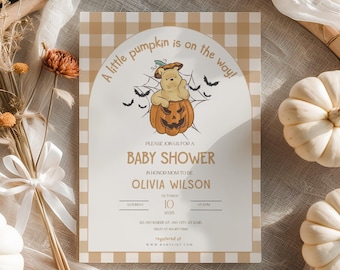Winnie the Pooh Baby Shower Invitation, Little Pumpkin Is On The Way Invitation, Fall Baby Shower, Halloween Party, Canva, CT05