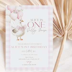 One Silly Goose First Birthday Invitation, Pink Gingham Goose Party Invite, 1st Goose Birthday Invite, Editable Template, Digital Download