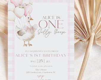 One Silly Goose First Birthday Invitation, Pink Gingham Goose Party Invite, 1st Goose Birthday Invite, Editable Template, Digital Download