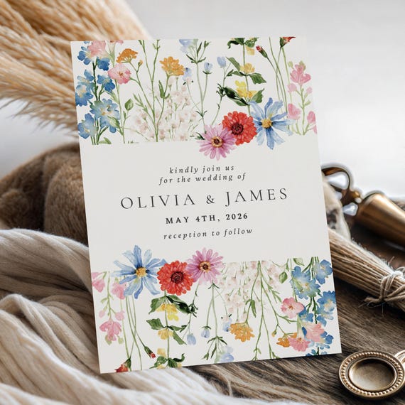 Wildflower Wedding Invitation Template, Floral Wedding Invite, Editable Wedding Evite, Rustic Wedding Invitation, Canva Template