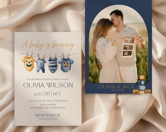 May include: Baby shower invitation with the text "A baby is brewing" and details for Olivia Wilson's shower on October 25th. The invitation features watercolor illustrations of baby clothes and a couple holding ultrasound images.