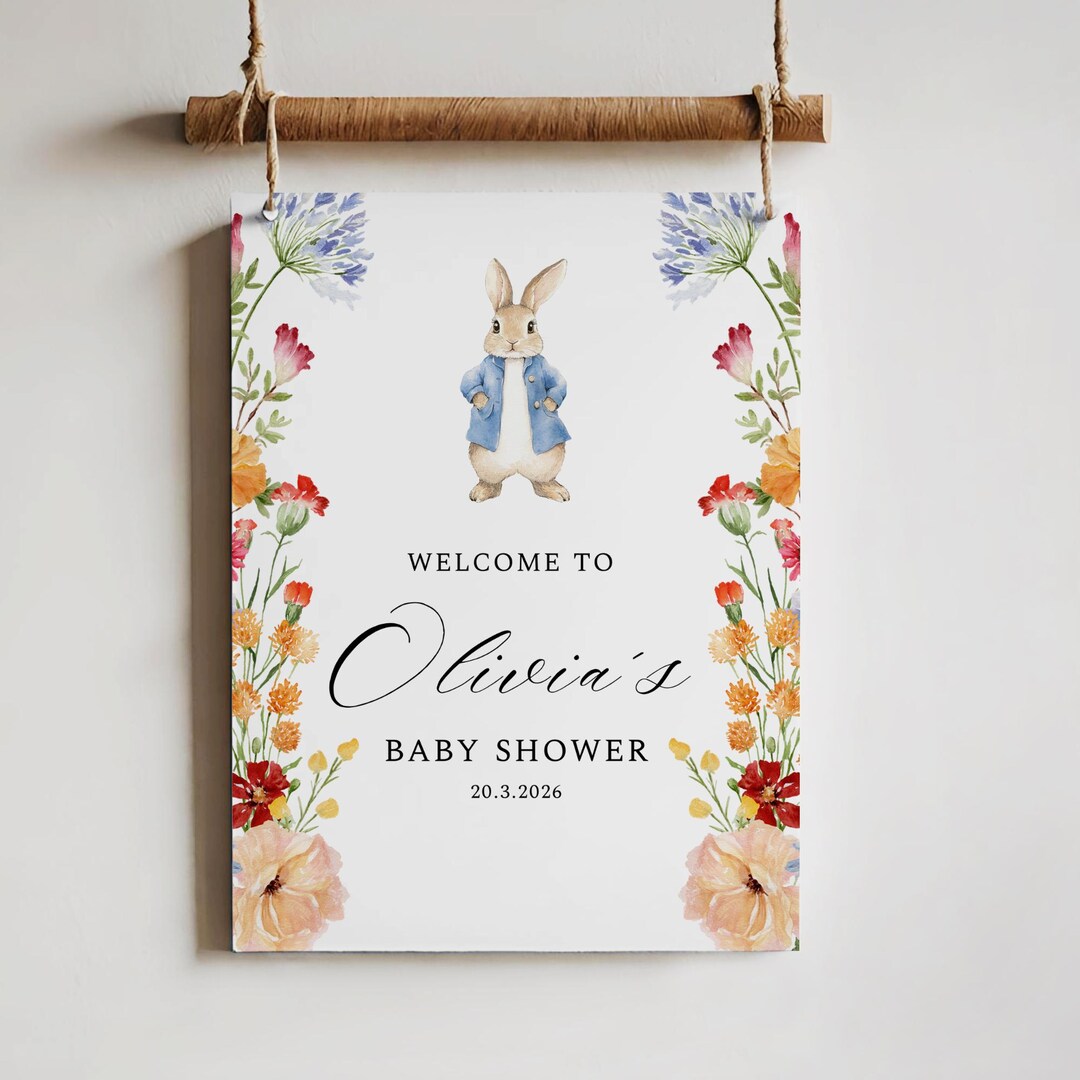 Editable Bunny Baby Shower Welcome Sign, Petter Rabbit Baby Shower Sign ...