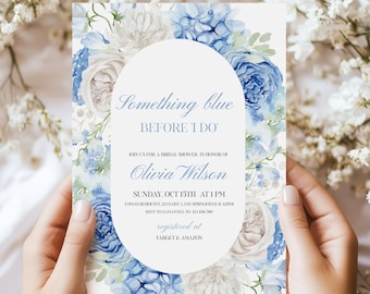 Something Blue I Do Bridal Shower Invitation,  Dusty Blue Bridal Shower Invite , Something Blue Before I Do, Hydrangea Invitation, Canva