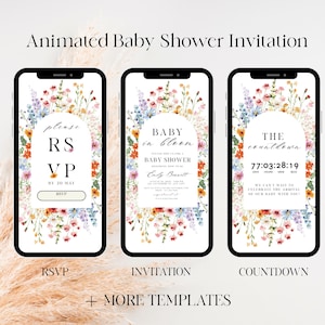 Pu&ograve; includere: Tre schermi di smartphone che mostrano inviti animati per baby shower. I design presentano composizioni floreali in una variet&agrave; di colori, tra cui arancione, rosa e blu. Il testo include "RSVP", "Baby in Bloom" e un timer per il conto alla rovescia.