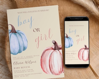 Editable Gender Reveal Pumpkin Baby Shower Invitation, Blue or Pink Baby Shower Invite, Fall Gender Reveal, Digital Download, Canva Template