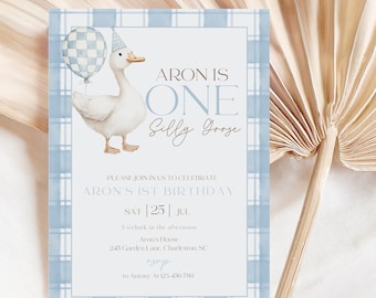 Zaproszenie na pierwsze urodziny „One Silly Goose”, zaproszenie na przyjęcie „Blue Gingham Goose”, zaproszenie na pierwsze urodziny „The Goose”, szablon do edycji, wersja cyfrowa