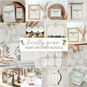 Könnte beinhalten: Eine Sammlung von Babyparty-Papeterie mit einem grün-weißen Vichy-Muster. Das Set umfasst Einladungen, Schilder, Etiketten und einen Kalender. Der Text "Locally Grown Baby Shower Bundle" ist prominent dargestellt.