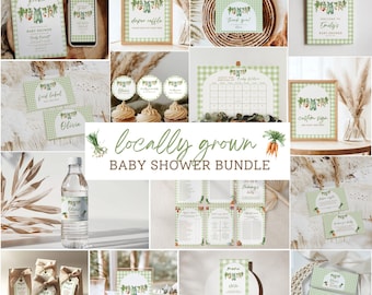 Paquete de baby shower con productos de cultivo local, invitación para baby shower de mercado de agricultores, invitación para baby shower con productos de cultivo local, juegos para baby shower, Canva