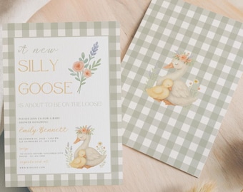 Silly Goose Baby Shower Invitation, Silly Goose Baby Shower, Green Gingham, Gender Neutral Baby Shower Invite, Evite, Canva