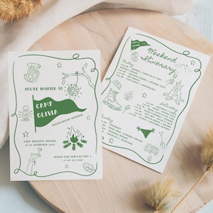 Bearbeitbare Camp Bachelorette Einladungsvorlage, Camp Bachelorette Invite und Reiseplan, Camp Bach Invite, Glamping Girls Weekend, BAC01