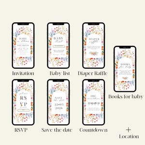 Pu&ograve; includere: Una collezione di schermi di telefoni cellulari che mostrano grafiche a tema baby shower. Ogni schermo presenta bordi floreali e testo come "Baby in Bloom", "Baby List", "Diaper Raffle", "Books for Baby", "RSVP", "Save the Date" e un conto alla rovescia.