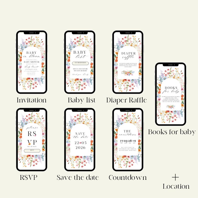 Pu&ograve; includere: Una collezione di schermi di telefoni cellulari che mostrano grafiche a tema baby shower. Ogni schermo presenta bordi floreali e testo come "Baby in Bloom", "Baby List", "Diaper Raffle", "Books for Baby", "RSVP", "Save the Date" e un conto alla rovescia.