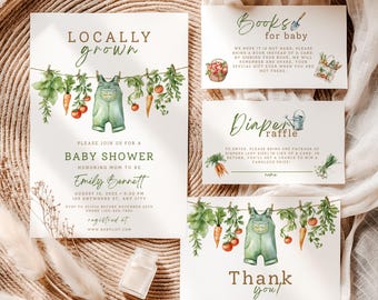 Paquete para baby shower con productos locales, invitación para bebé estilo mercado bohemio, plantillas editables, Canva, imprimibles para baby shower, sorteo de pañales, CT01