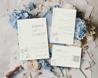 Sage Green Wedding Invitation Suite Minimalist Wedding Bundle with QR Code RSVP, Printable Editable Sage Green Wedding Bundle, Canva