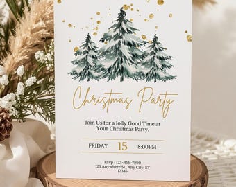 Plantilla de invitación para fiesta de árboles de Navidad, invitación navideña editable, fiesta de trabajo, invitación a fiesta navideña, Navidad familiar