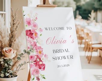 Love In Bloom Bridal Shower Welcome Sign, Printable Pink Floral Bridal Shower Sign , Canva Template, Digital Download