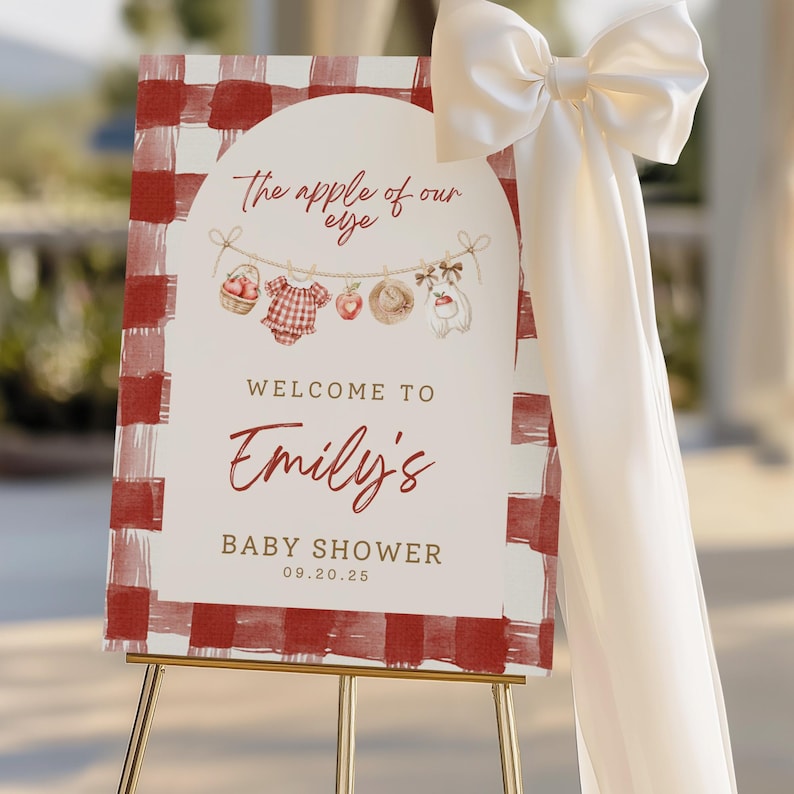 Invito per baby shower a tema "La mela dei nostri occhi", invito per baby shower a tema frutteto di mele, invito per baby shower autunnale, modello Canva modificabile immagine 8