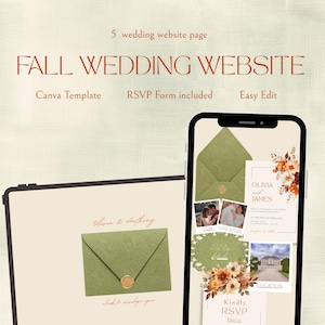May include: A digital wedding website template displayed on a tablet and smartphone screen. The design features sage green envelopes with wax seals, floral arrangements in autumn colors, and text including FALL WEDDING WEBSITE, Olivia and James.
