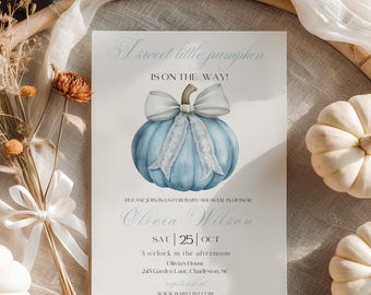 Invitación para baby shower de Calabacita, plantilla editable para baby shower de otoño, Calabacita está en camino, invitación azul para baby shower, Canva