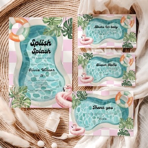 May include: Baby shower invitations with a watercolour pool theme. The main invitation reads "Splish Splash" with event details. Additional cards say "Books for baby," "Diaper Raffle," and "Thank you," all with flamingo and pool float designs.