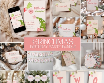 Bearbeitbar Klein, der zwei Geburtstagsfeier-Bundle macht, Grinchmas Rosa Geburtstagsfeier einladen, Rosa Geburtstagseinladung, Mädchen Geburtstag