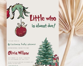 Invito per baby shower "A Little Who is Almost Due", invito per baby shower, invito per baby shower "Grinchmas", baby shower di Natale