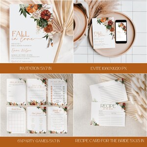 May include: A collection of fall-themed stationery items, including invitations, Evite, party games, and recipe cards. The designs feature floral arrangements with pumpkins and the text "Fall in Love". The invitation is 5x7 inches.