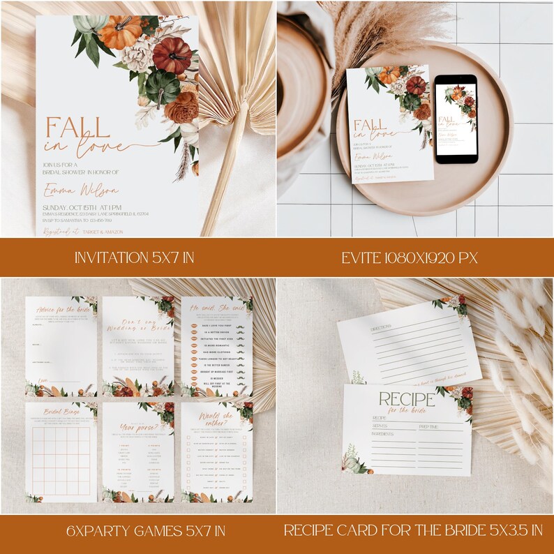 May include: A collection of fall-themed stationery items, including invitations, Evite, party games, and recipe cards. The designs feature floral arrangements with pumpkins and the text "Fall in Love". The invitation is 5x7 inches.