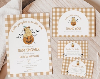 Winnie the Pooh Baby Shower Invitation, Little Pumpkin Is On The Way Invitation, Fall Baby Shower, Halloween Party, Canva, CT05