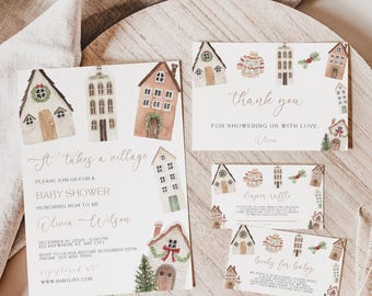 May include: A set of baby shower stationery featuring watercolor illustrations of houses, sweaters, and greenery. The text includes It takes a village, baby shower, thank you, diaper raffle, and books for baby with placeholder details for Olivia Wilson.