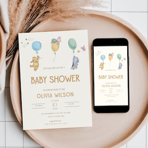 Winnie the Pooh Baby Shower Invitation, Winnie The Pooh Neutral Baby Shower Invite, Custom Baby Shower Invite, Canva, Evite, CT06