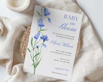 Baby in Bloom Invitation Boy, Editable Template, Blue Floral Boho Baby Shower Invite, Printable Wildflower, Instant Download Canva