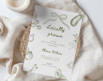 Locally Grown Baby Shower Invitation, Farmers Market Theme, Editable Template, Rustic Baby Shower, Printable Invite, Canva Download