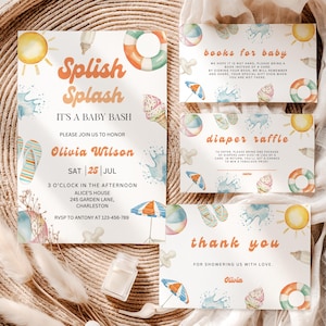 Könnte beinhalten: Ein Set von Babyparty-Einladungen und -Karten mit Strand-Thema. Die Haupteinladung lautet "Splish Splash, It's a Baby Bash" mit Details für Olivias Babyparty. Zusätzliche Karten enthalten "Bücher für Babys", "Windel-Tombola" und "Danke".