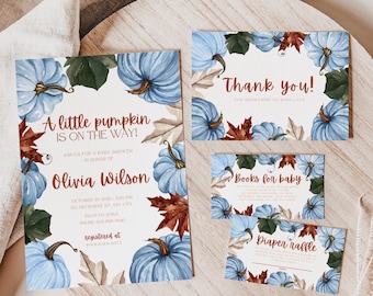 May include: Baby shower invitation set featuring watercolor blue pumpkins and fall leaves. The invitation reads "A little pumpkin is on the way!" with details for Olivia Wilson. Includes thank you, books for baby, and diaper raffle cards.