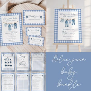May include: A baby shower bundle with a blue jean theme. The set includes invitations, thank you cards, and games. The designs feature watercolor illustrations of denim overalls and baby clothes hanging on a clothesline, set against a blue gingham background.