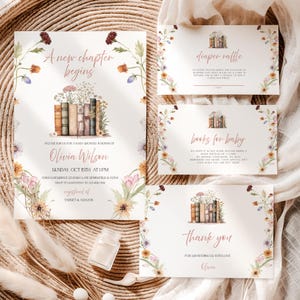 May include: A set of baby shower stationery featuring watercolor illustrations of books and wildflowers. The cards include text for an invitation, a diaper raffle, a books for baby request, and a thank you note, all with floral borders and book motifs.