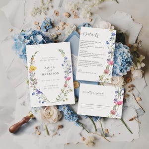 Wildflower Wedding Invitation Suite Template, Editable Floral Invite, Printable RSVP, Details Card, Menu, Save the date Bundle