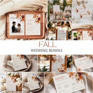 Op de afbeelding: Een verzameling trouwbriefpapier met herfstthema, waaronder uitnodigingen, RSVP-kaarten en tafelnummers. De ontwerpen bevatten bloemstukken in tinten oranje, rood en wit. De tekst "FALL WEDDING BUNDLE" wordt weergegeven.