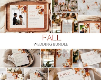 May include: A wedding stationery bundle featuring cream-colored cards with burnt orange and burgundy floral accents. The set includes invitations, RSVP cards, detail cards, and table numbers, all displaying elegant typography and autumn-themed botanical illustrations.