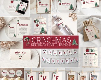 A Little Who is Turning One Birthday Party Bundle, Grinchmas Geburtstag einladen, Weihnachten erster Geburtstag, 1.Geburtstag, Grinchmas Einladung