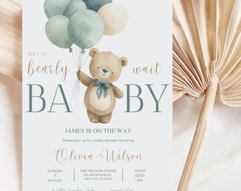 Editable We Can Bearly Wait Baby Shower Invitation Template - Teddy Bear Hot Air Balloon Theme Baby Shower Invite  - Canva Template